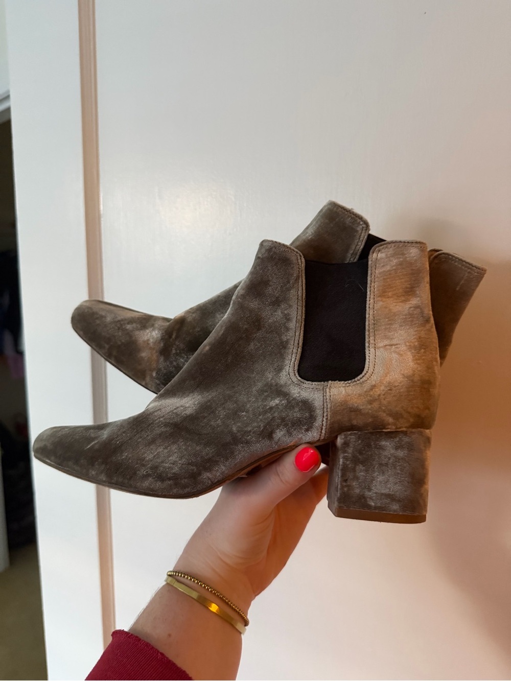 Velvet Chelsea Block Heel Booties in grey